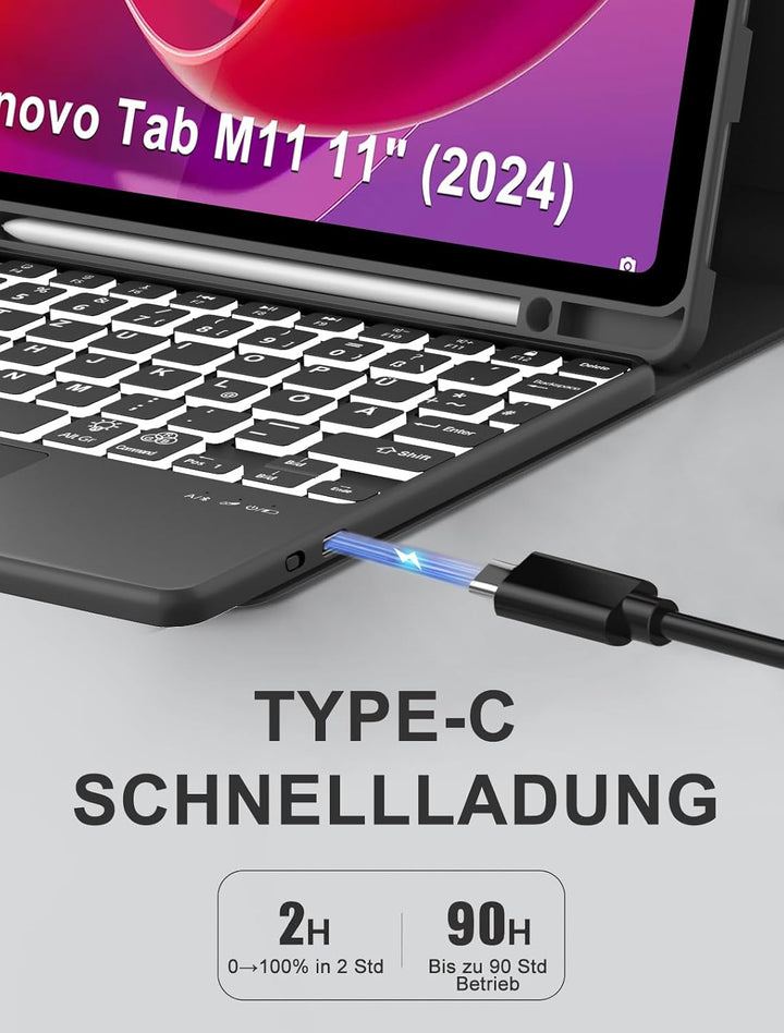 JADEMALL Für Lenovo Tab M11 Hülle mit DE Tastatur für 11 Zoll 2024 TB330FU, 7-Farben Beleuchtung Mit