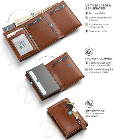 VULKIT Kreditkartenetui RFID-blockierende Pop-Up-Kartentasche aus Echtem Leder mit Geldscheinfach, A