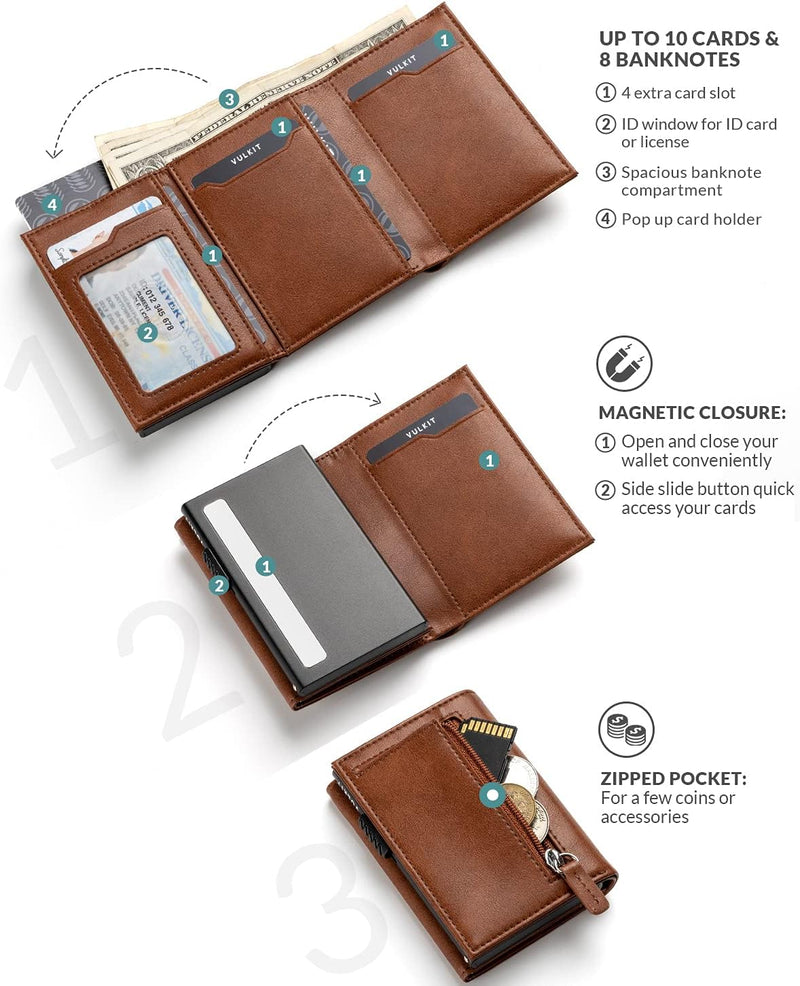 VULKIT Kreditkartenetui RFID-blockierende Pop-Up-Kartentasche aus Echtem Leder mit Geldscheinfach, A