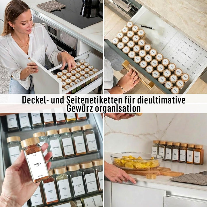 Deco haus® Gewürzgläser eckig luftdicht 12er Set [inkl. Etiketten &amp; Streueinsatz] - Gewürzdosen Set