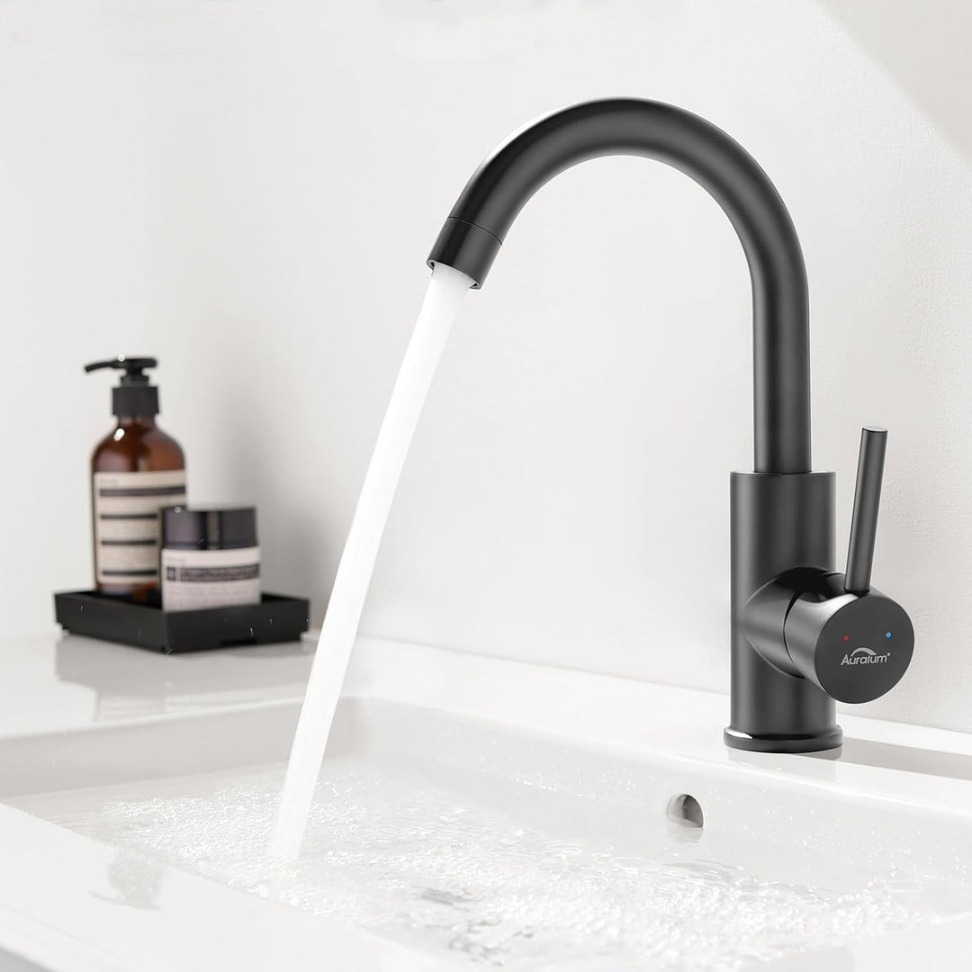 Auralum Waschtischarmatur Schwarz Matt, Armatur Waschbecken 360 Grad drehbar,Wasserhahn Bad mit 60CM