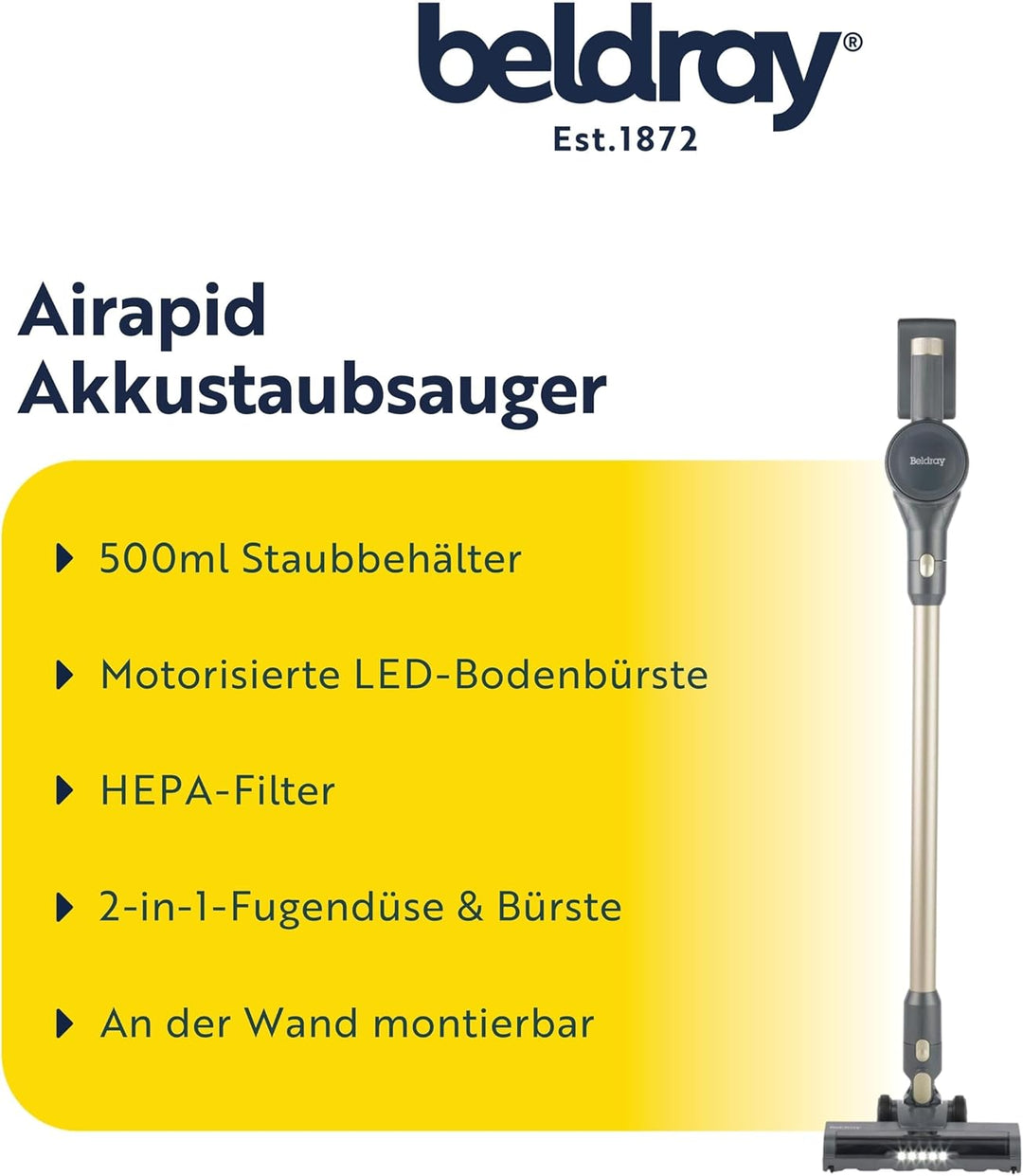 Beldray BEL01843VDE Airapid Akkustaubsauger - 500ml Staubbehälter, als Handstaubsauger verwendbar, m