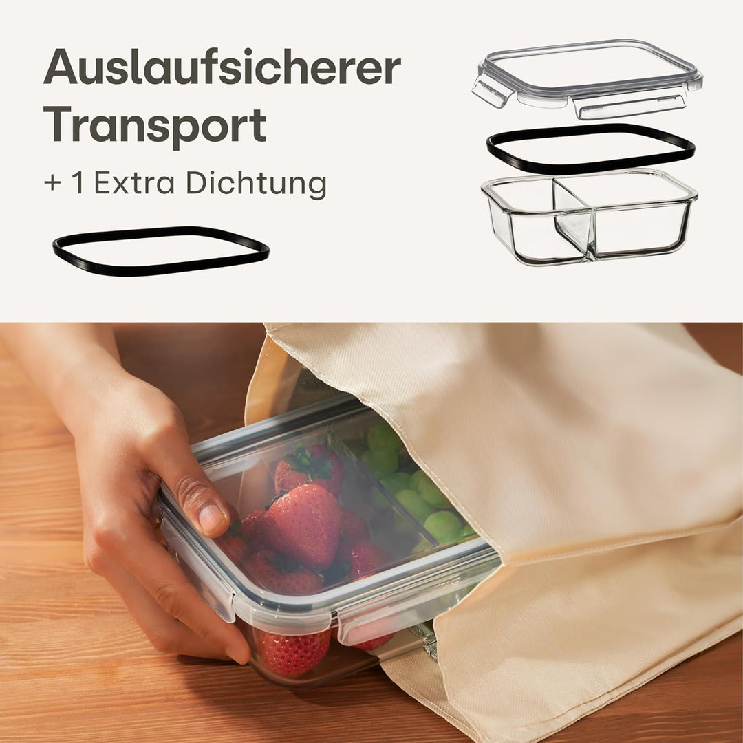 Praknu Meal Prep Boxen Glas 2 Fächer - 2er Set Glass Meal Prep Containers 1l - Luftdicht - Geeignet