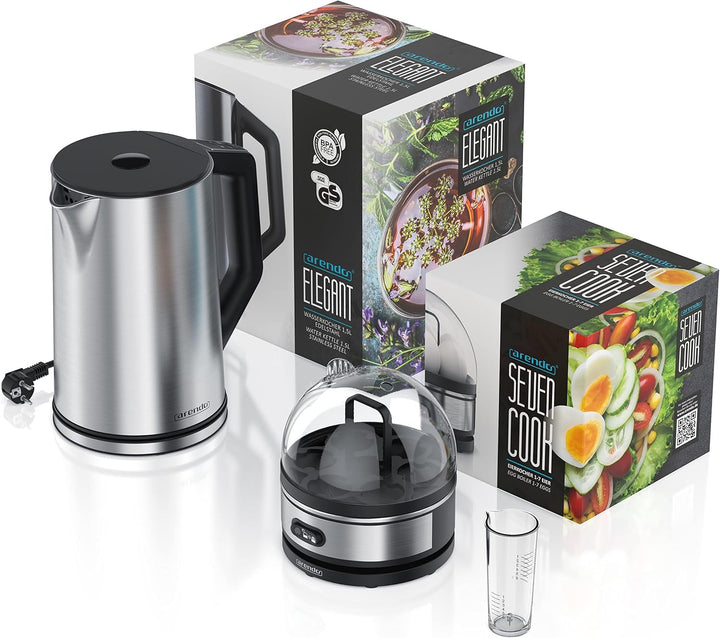 Arendo - Set Wasserkocher ELEGANT mit Eierkocher THREECOOK Edelstahl Silber, Wasserkocher 1,5L 40° -