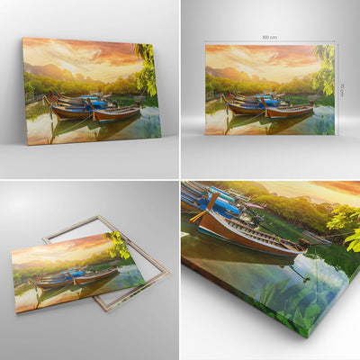 Bilder auf Leinwand 100x70cm Leinwandbild mit Rahmen Berge Boot Wasser Gross Wanddeko Bild Schlafzim