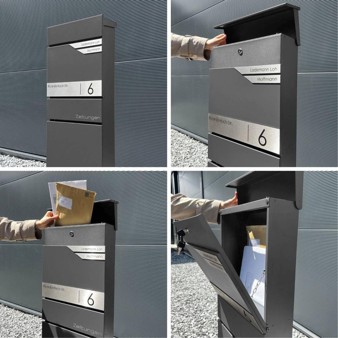 Metzler Standbriefkasten freistehend in DB 703 Eisenglimmer für 2 Parteien mit Zeitungsfach - Zwei N