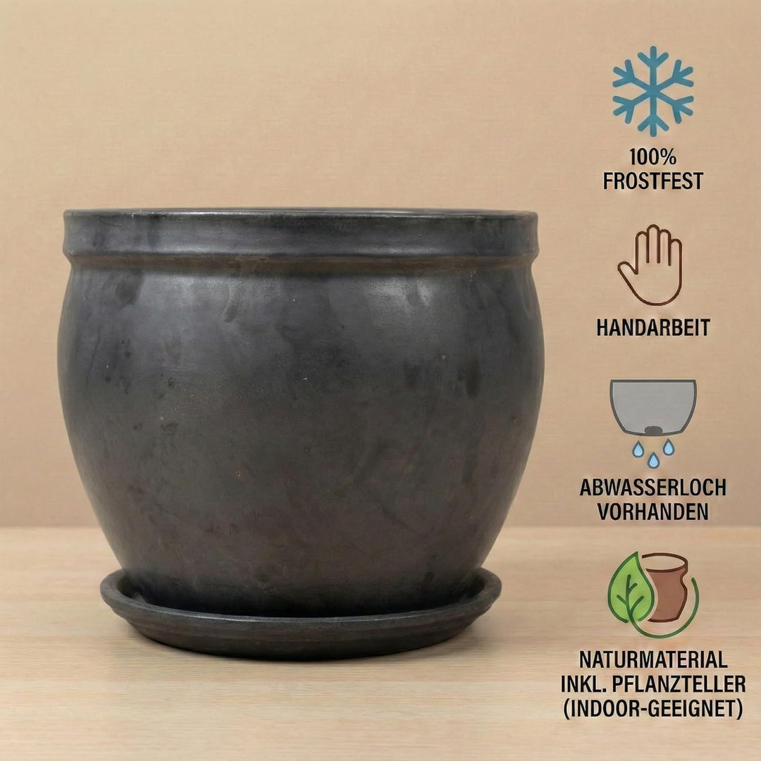 Teramico Blumenkübel Keramik mit Teller Ø 21cm – Handarbeit aus Steinzeug – Frostfester Pflanztopf g