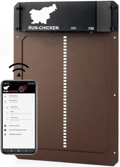 Run Chicken Model T50, Automatic Chicken Coop Door, Full Aluminum Doors, Light Sensing, Evening and