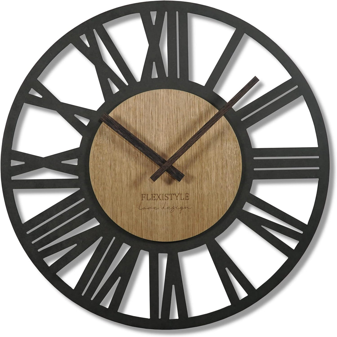 FLEXISTYLE Wanduhr gross Adulto 50cm Durchmesser LOFT Retro aus Holz Eiche ohne tickgeräusche Wohnzi
