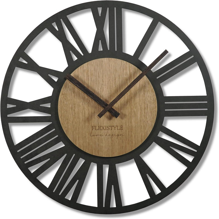 FLEXISTYLE Wanduhr gross Adulto 50cm Durchmesser LOFT Retro aus Holz Eiche ohne tickgeräusche Wohnzi