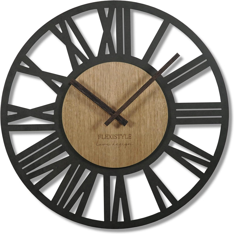 FLEXISTYLE Wanduhr gross Adulto 50cm Durchmesser LOFT Retro aus Holz Eiche ohne tickgeräusche Wohnzi