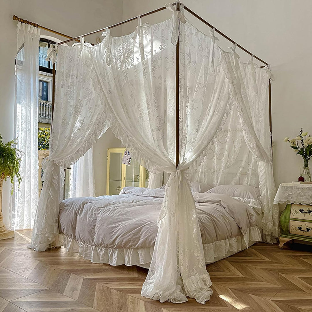 Himmelbett-Vorhänge, drei Öffnungen, Spitze, Prinzessinnen-Betthimmel, 4 Eckpfosten-Hängevorhänge mi