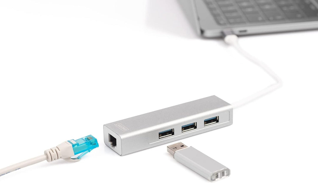 DIGITUS USB 3.0 Typ C 3-Port Hub mit Gigabit Ethernet Adapter, 3x USB A, 1x RJ45 LAN, Silber USB 3.0