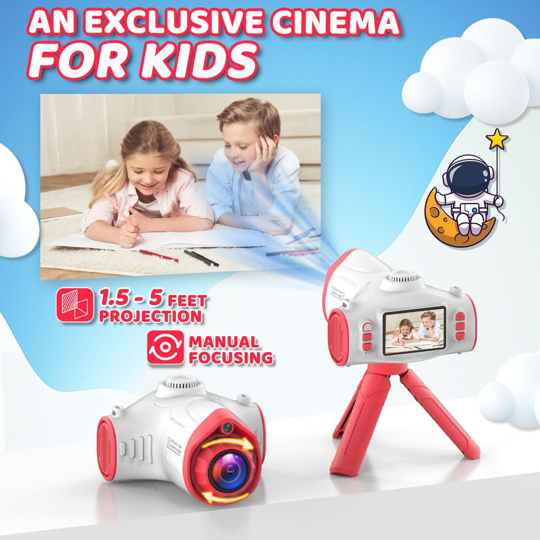 Ukuu Kinderkamera Beamer, 2-in-1 Digitalkamera und Projektor mit Stativ 32G TF-Karte und 2500mAh Akk