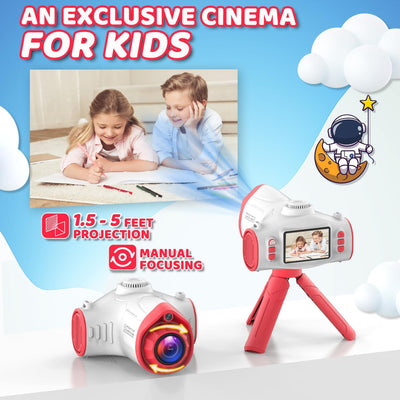 Ukuu Kinderkamera Beamer, 2-in-1 Digitalkamera und Projektor mit Stativ 32G TF-Karte und 2500mAh Akk