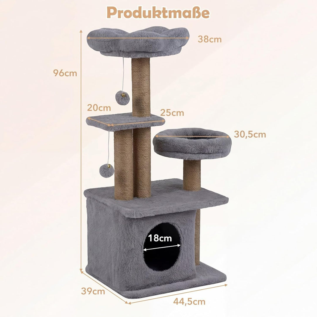 COSTWAY Kratzbaum, 96 cm, Katzenbaum mit Katzenhöhle, Plattform, Bett, grosser Basis & 2 Bällen, Dic