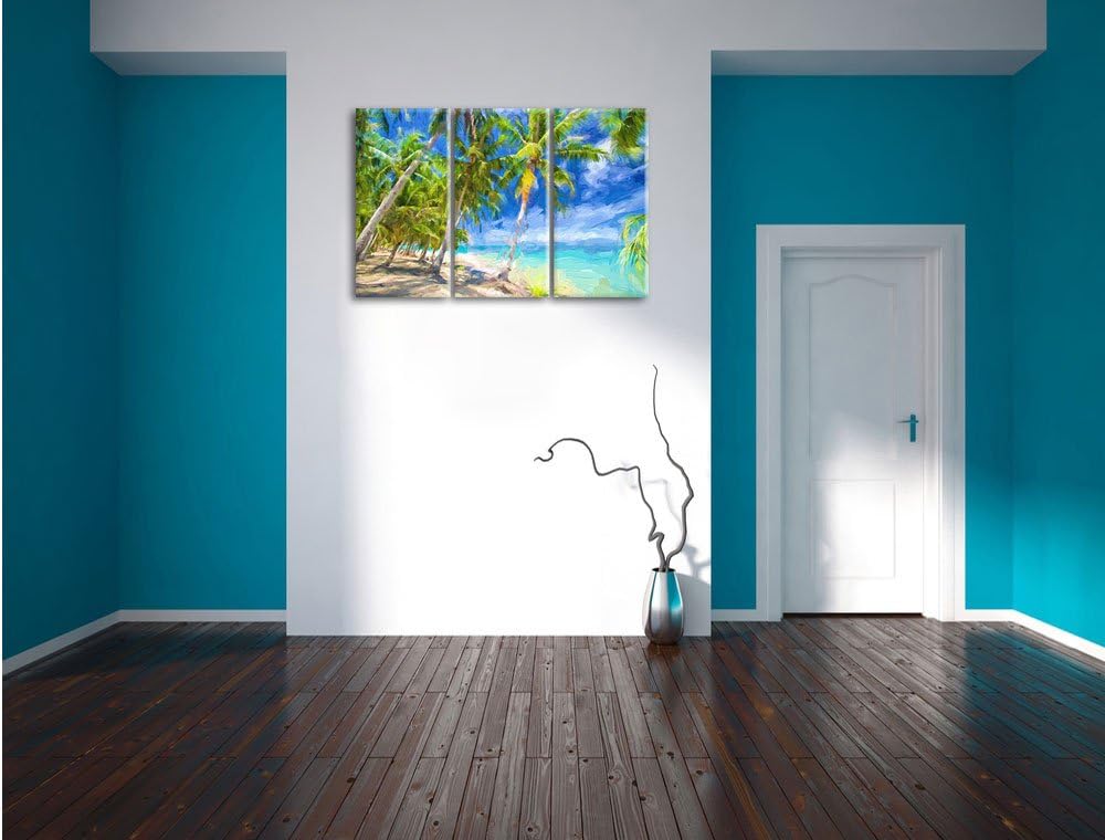 Pixxprint Traumstrand mit Palmen Pinsel Effekt 3-Teiler Leinwandbild 120x80 Bild auf Leinwand