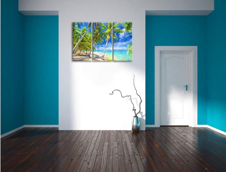 Pixxprint Traumstrand mit Palmen Pinsel Effekt 3-Teiler Leinwandbild 120x80 Bild auf Leinwand