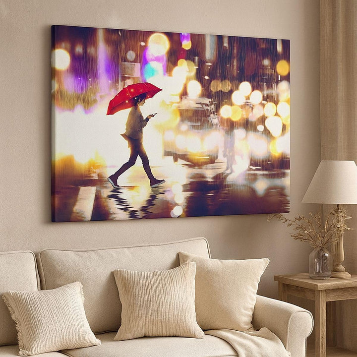 Bilder auf Leinwand 100x70cm Leinwandbild mit Rahmen Stadt Strasse Nacht Gross Wanddeko Bild Schlafz