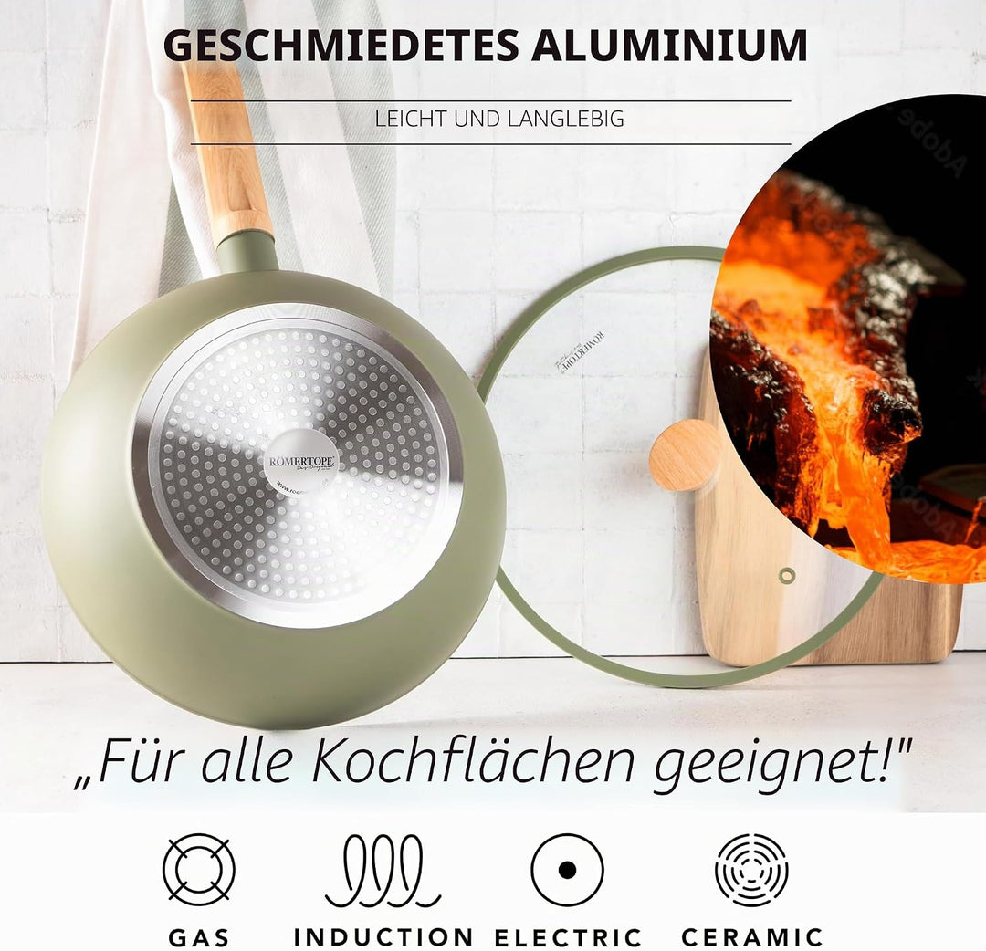 Romertopf Wok 28 cm mit Glasdeckel, 3,52 l Fassungsvermögen, Aluminium mit Keramik Antihaftbeschicht