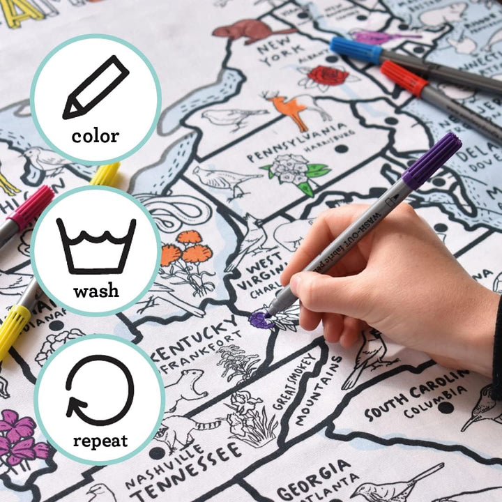 eatsleepdoodle Color &amp; Learn Tischdecke mit waschbaren Stoffmarkern US Map, Us-karte