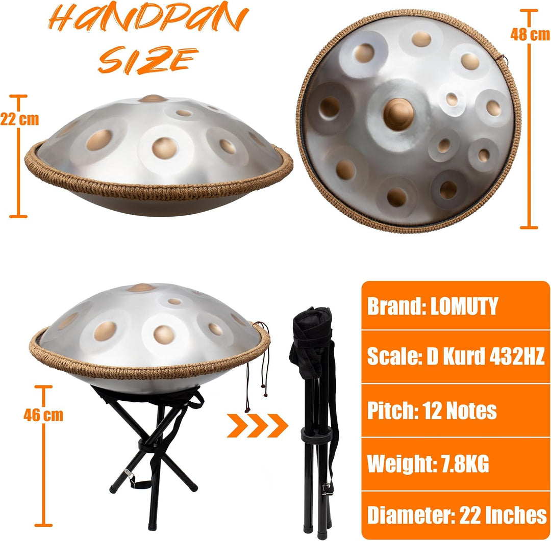 LOMUTY Handpan Drum 12 Töne 22 Zoll Steel Tongue Drum mit weicher Tasche, Harmonic Percussion für So