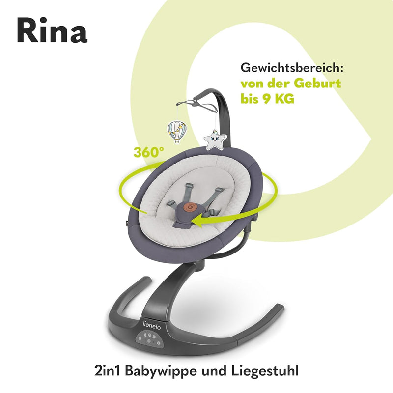 LIONELO Rina Babywippe und Liegestuhl 2in1, Fernbedienung, 360° drehbarer Sitz, zwei Schaukelrichtun