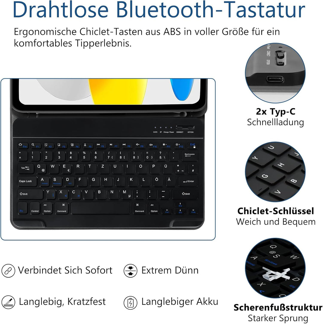 TQQ Hülle mit Tastatur für iPad A16 11 Generation 2025/10 Generation 2022(11/10.9 Zoll), Abnehmbare