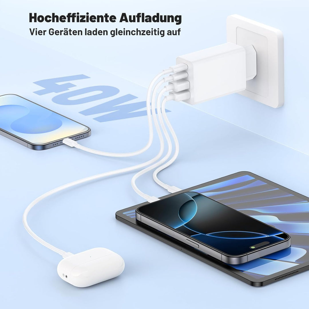 USB C Ladegerät, 4-Port USB Schnellladegerät, Typ C Netzteil, PD Power Adapter Stecker für iPhone 16