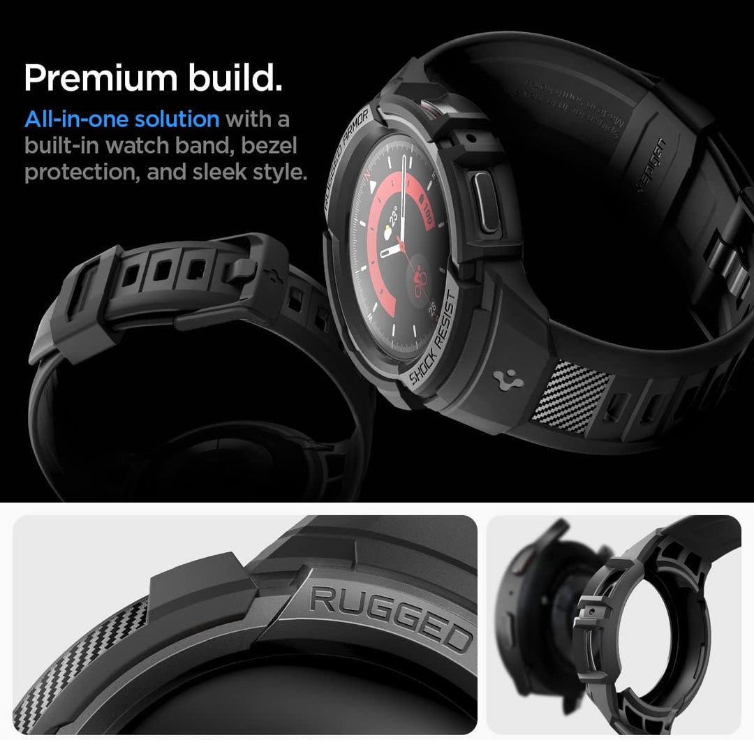 Spigen Rugged Armor Pro Armband mit Hülle Kompatibel mit Galaxy Watch 5 Pro 45mm (2022) - Schwarz, S