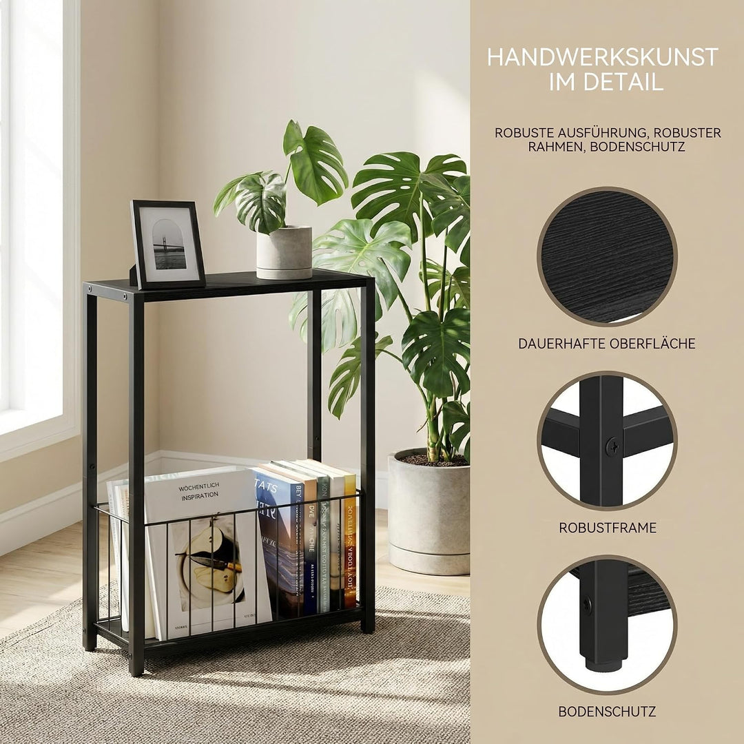 Schmaler Beistelltisch mit Zeitschriftenhalter, Schwarz | Eisenrahmen und MDF-Platte, 18 x 43 x 60 c