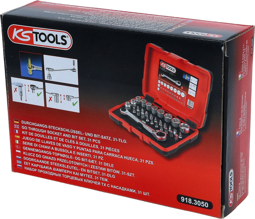 KS Tools 918.3050 1/4" + 11 mm Durchgangs-Steckschlüssel- und Bit-Satz, 31-tlg
