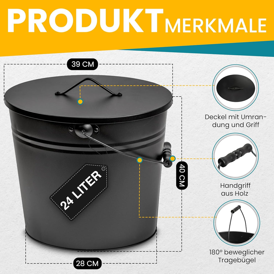 ORA-TEC XL Ascheeimer mit Deckel - Kohleeimer 24 Liter aus Stahlblech im Schwarz - Kamineimer mit De