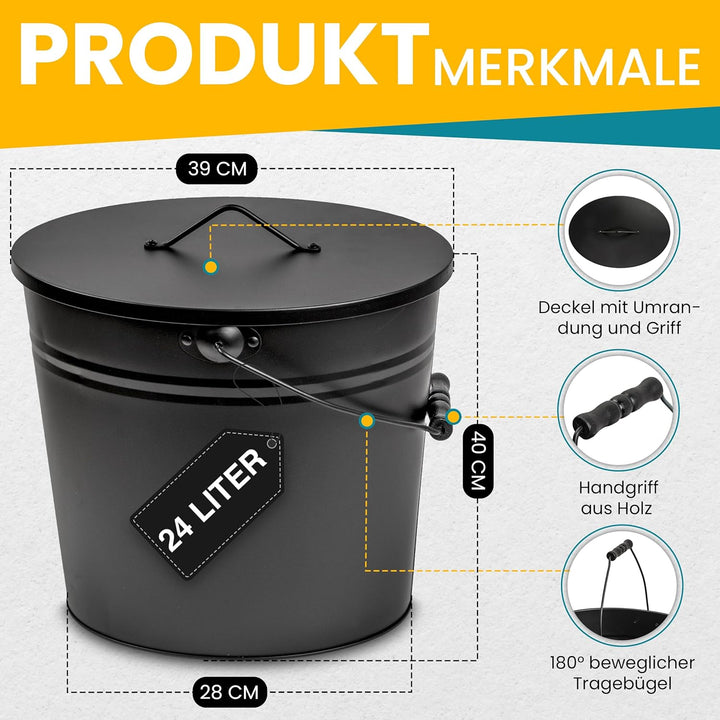ORA-TEC XL Ascheeimer mit Deckel - Kohleeimer 24 Liter aus Stahlblech im Schwarz - Kamineimer mit De
