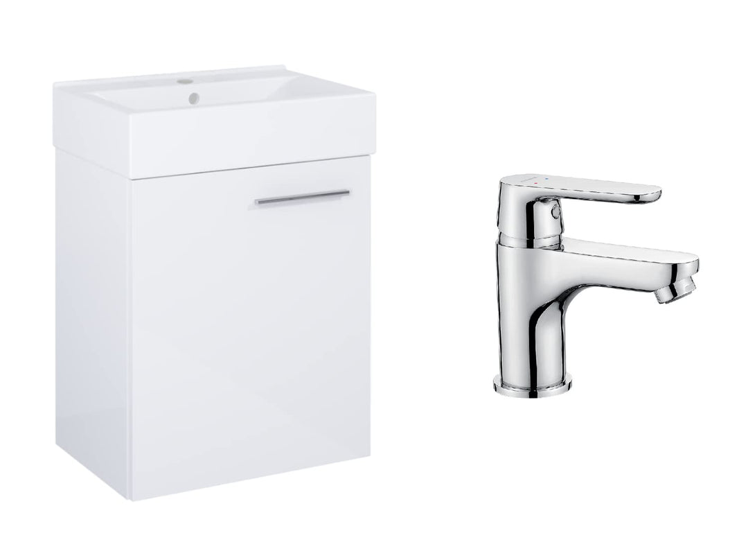VBChome Badmöbel Set 45 cm Weiss Waschbecken mit Hängeschrank Weiss mit Armantur Chrom Waschtisch 1-
