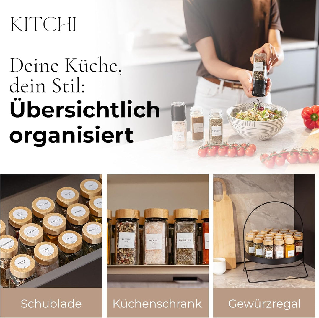 KITCHI Gewürzgläser Eckig Set 24 Stück – Bambus Deckel, inkl. 2 Mühlen für Salz & Pfeffer | Gewürzdo