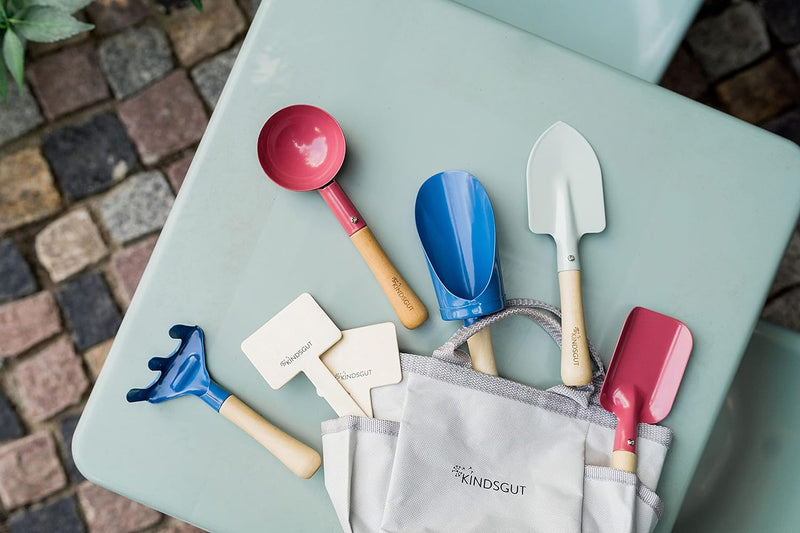 Kindsgut Gartenset, Gartengeräte für Kinder aus hochwertigem Holz und Metall in Einer Tasche, Schlic