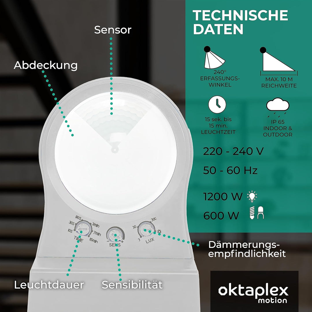 Oktaplex 2er Set Don Bewegungssensor Aussen 230 V IP65 240° Infrarot-Sensor einstellbar 10 m Reichwe