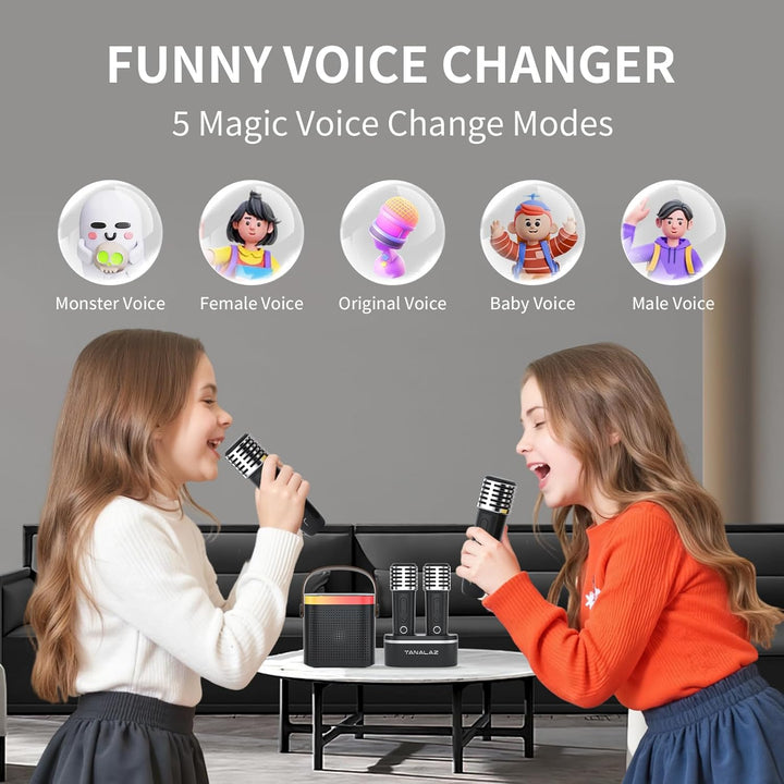 Karaoke-Maschine mit 2 drahtlosen Mikrofonen & Mikrofonbasis, Mini-Bluetooth-Singlautsprecher mit LE