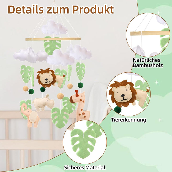 Waldtiere Mobile Baby Windspiele, 3D Löwe, Giraffe, Elefant, Nashorn, Grünes Blatt Mobile Baby Holz