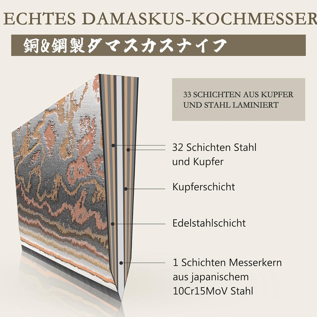 SHAN ZU Damastmesser aus Kupfer Kochmesser Handgeschmiedetes Japanisches Messer, 33 Schichten Damast