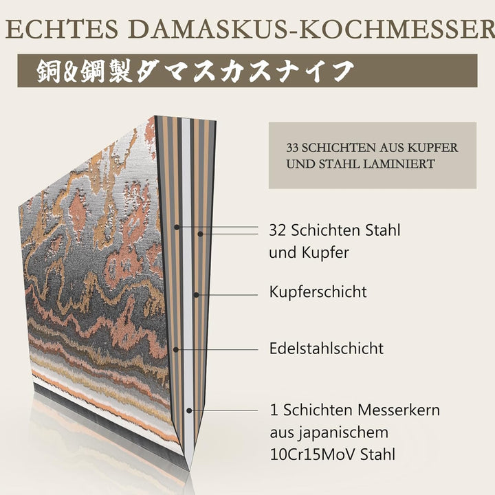 SHAN ZU Damastmesser aus Kupfer Kochmesser Handgeschmiedetes Japanisches Messer, 33 Schichten Damast