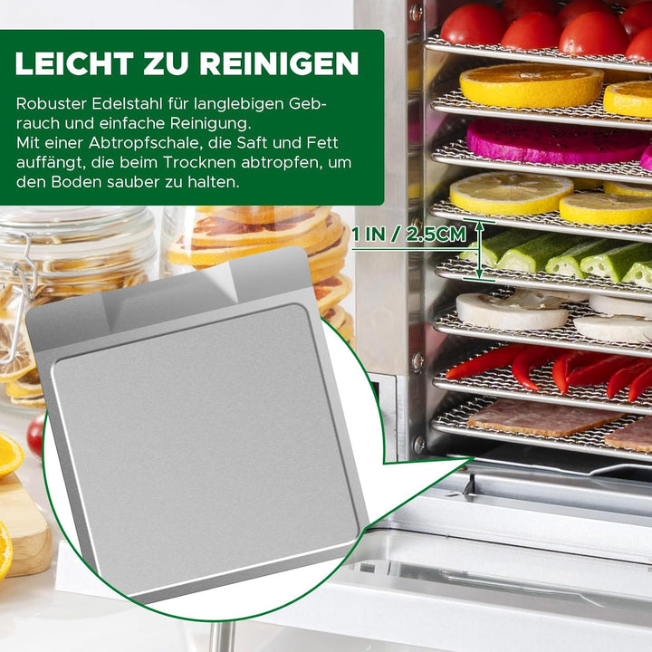 Kwasyo Dörrautomat Edelstahl DA 800, 8 Edelstahl-Dörrtabletts, LED-Display, 24 Std. Zeitschaltuhr,Te