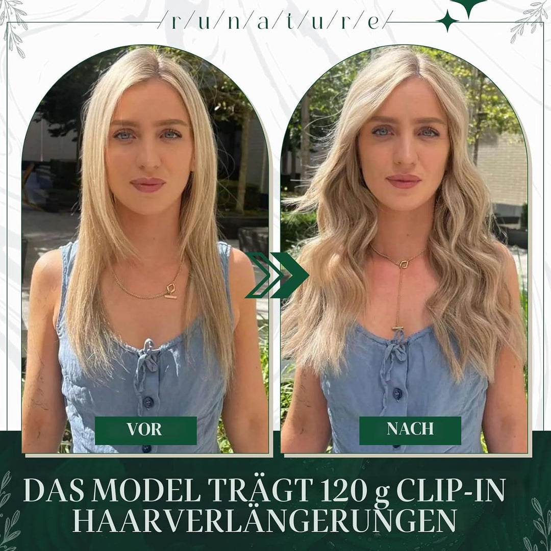 RUNATURE Clip in Extensions Echthaar Dunkel Aschblond mit Goldblond Clip in Haarextension Echthaar C