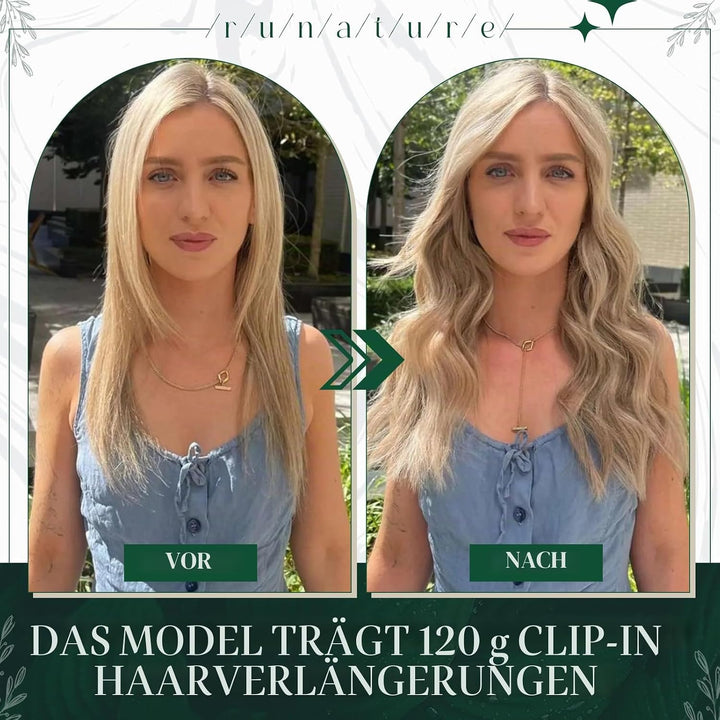 RUNATURE Clip in Extensions Echthaar Dunkel Aschblond mit Goldblond Clip in Haarextension Echthaar C