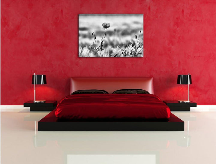 Pixxprint Monocrome, rote Blumen im Feld Tulpen Gemälde, Format: 100x70 auf Leinwand, XXL riesige Bi