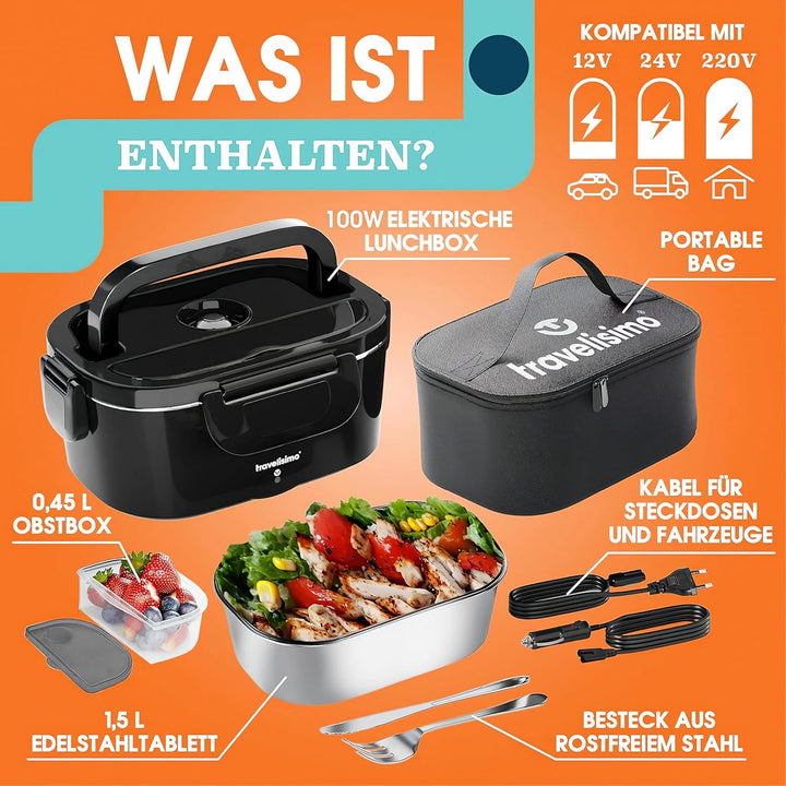 TRAVELISIMO Elektrische Lunchbox 80W Essensbox Warmes Mittagessen, 1,5L Wärmebox für Speisen 3-in-1