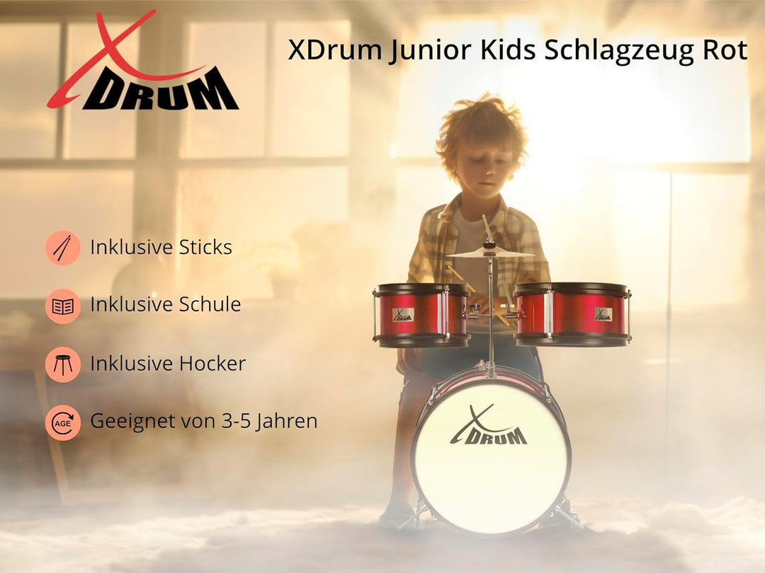 XDrum Junior KIDS Schlagzeug inkl. Schule - Kompaktes Kinderschlagzeug - Für Kinder im Alter von 3-5