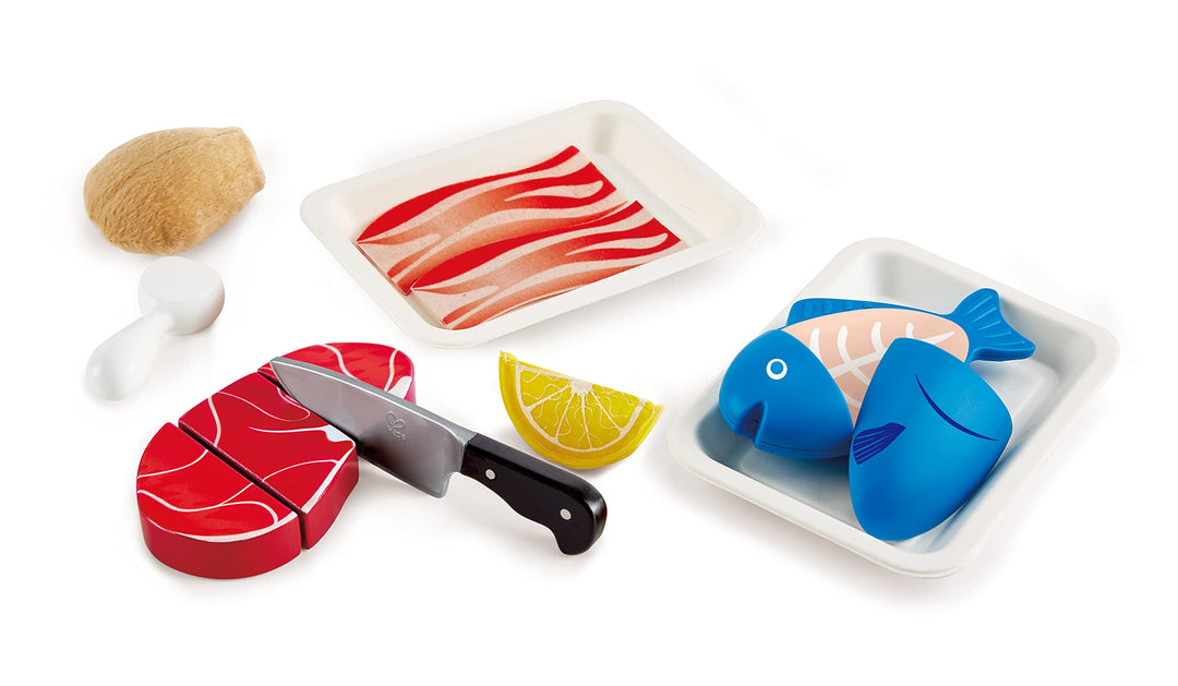 Hape Fisch & Fleisch Set von Hape| Fantasiespiel aus Holz Lebensmittel-Set für Kinder, Kochset mit Z