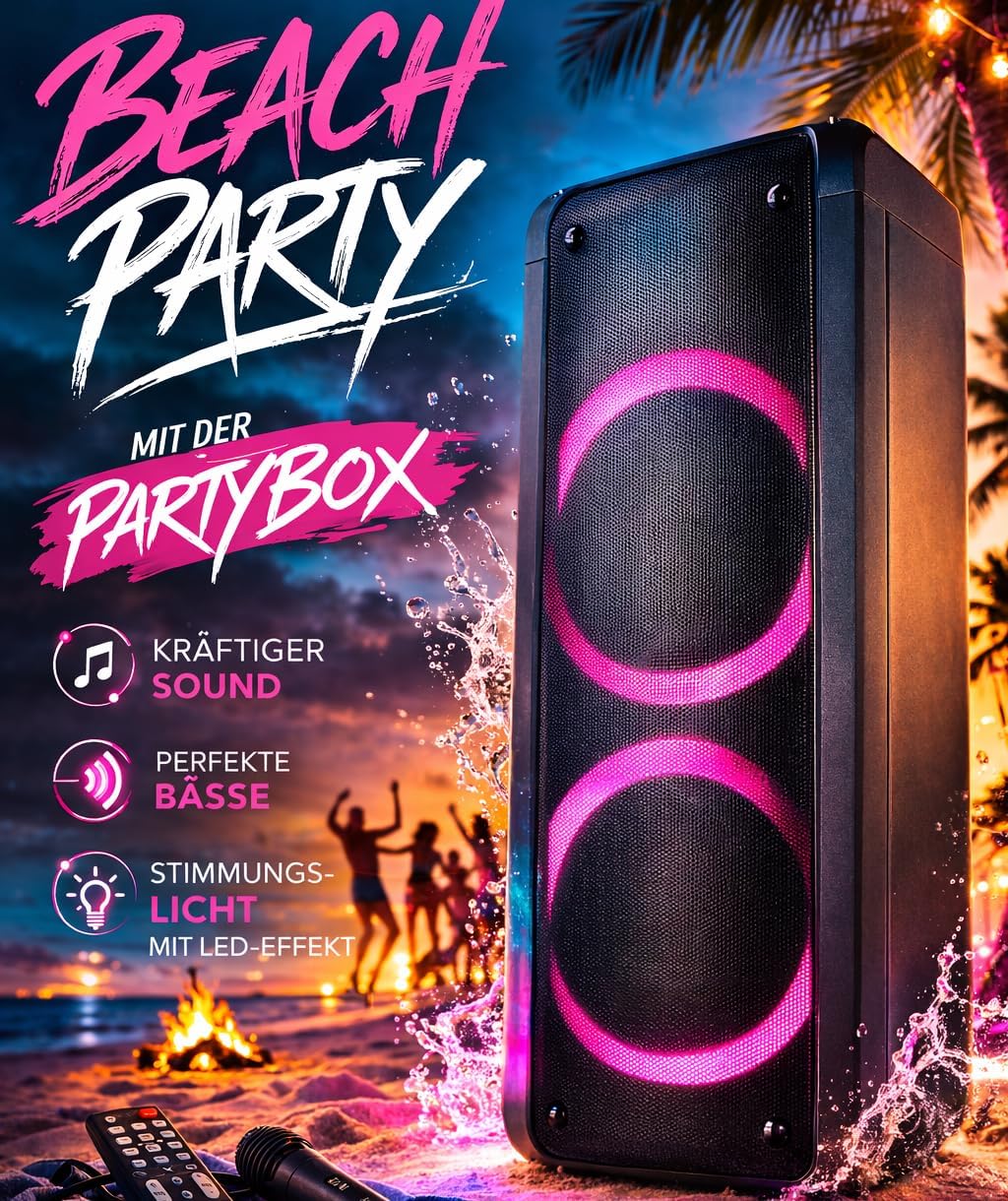 REFLEXION PS09BT DJ Karaoke PA-Anlage, mobil mit Akku und Lichteffekten (Bluetooth, True Wireless St